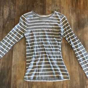 Hollister S Gray & White Striped Long Sleeve Shirt